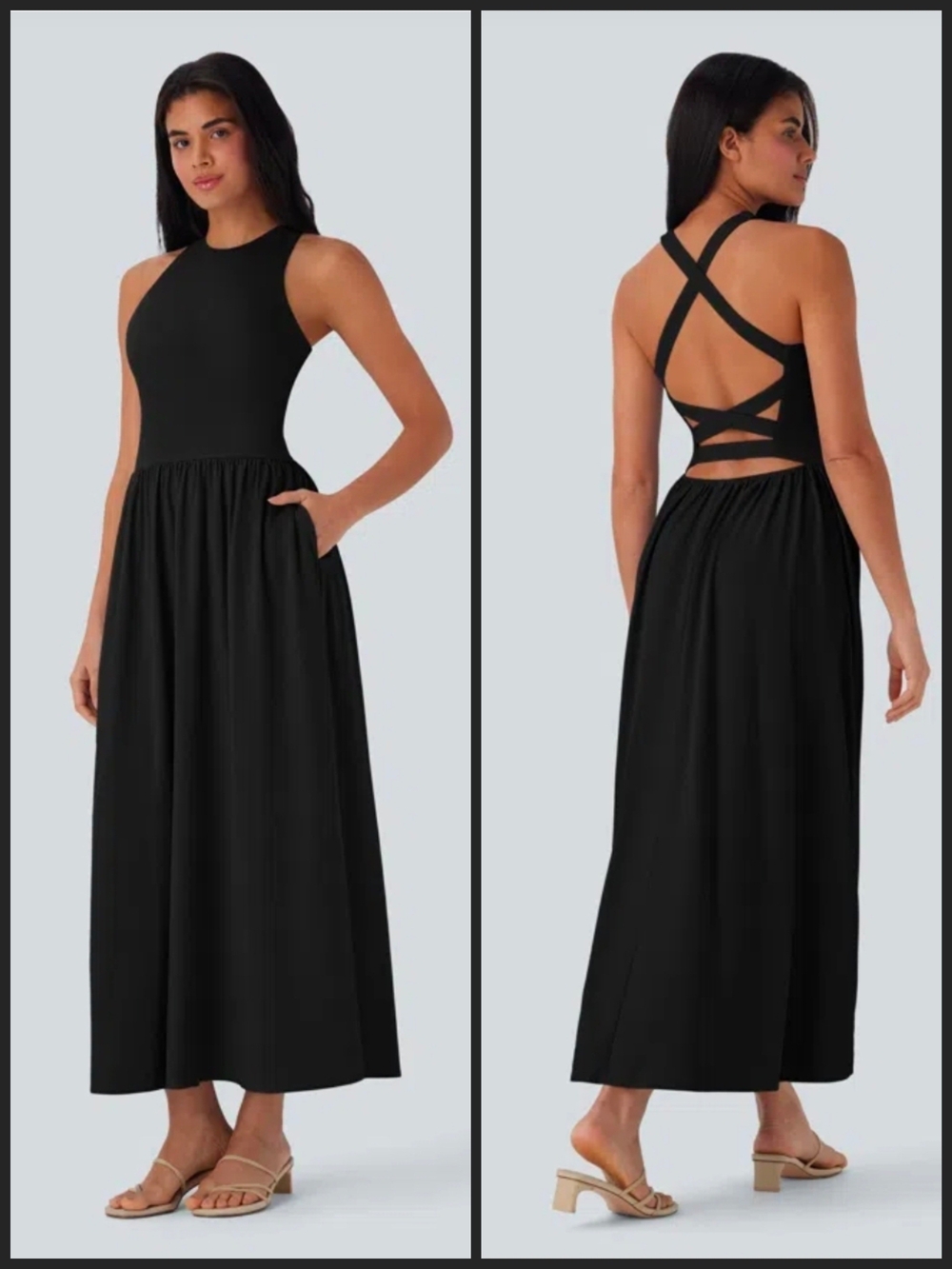 NEW HALARA Black Sleeveless Maxi Dress with Crisscross Open Back